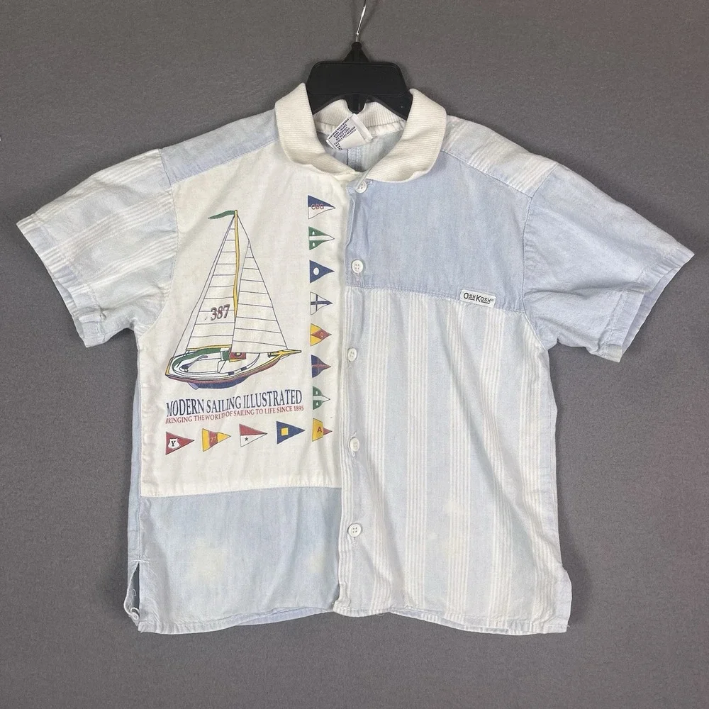 Vintage OshKosh Boys Sailboat Button Shirt Blue White 6